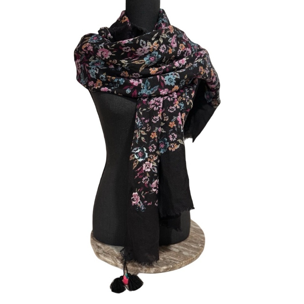 Boho Floral Tassel Scarf – Large Black Pashmina Style Shawl Pink & Blue Flowers - Picture 6 of 17